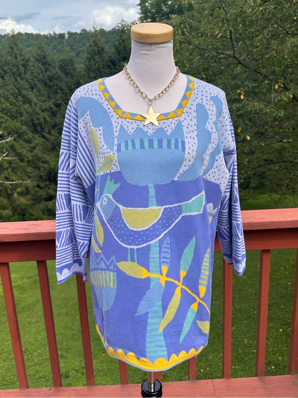 Gudrun Sjoden Blue & Yellow Bird Motif Knit Sweater Organic Cotton